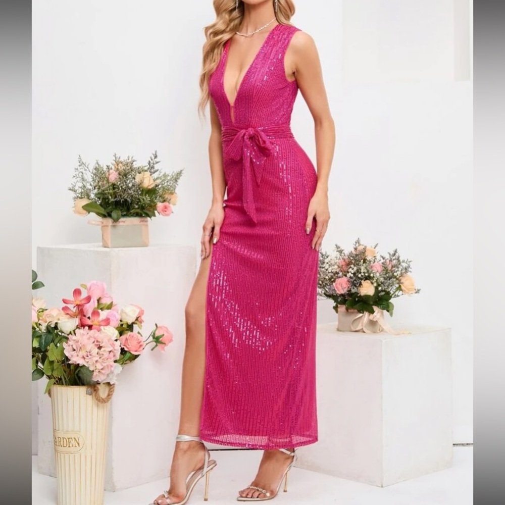 Luxe plunging V neck slit thigh party formal evening prom wedding sequins dress - Picture 6 of 6